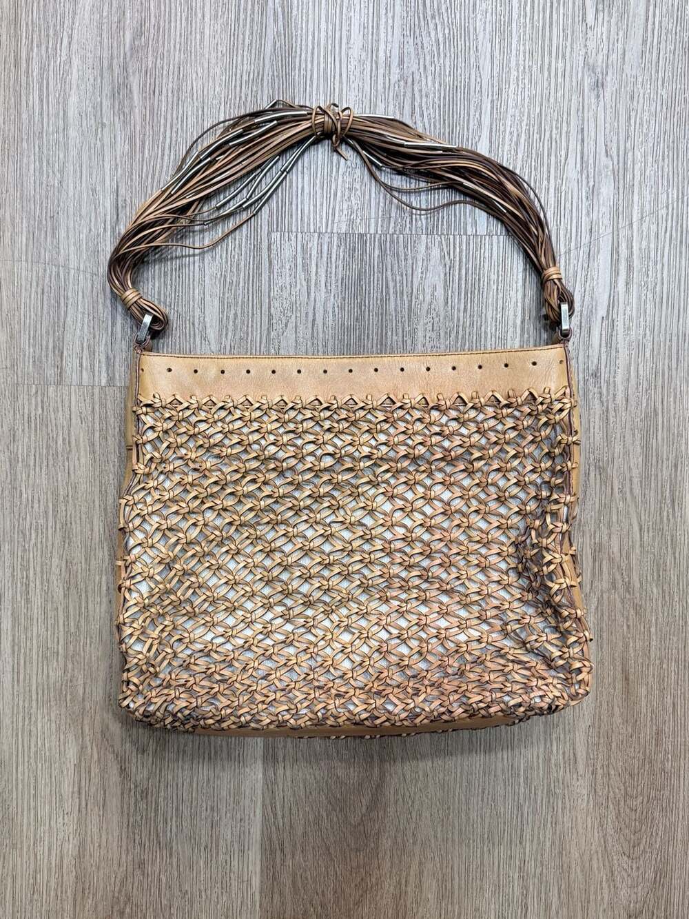 Calvin Klein Woven Leather Mesh Shoulder Bag with Tassel Detail